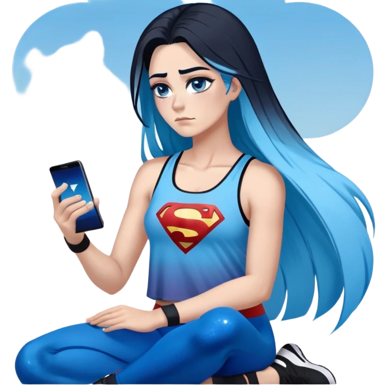 Shameful disappointed crying-very very very very big chest-texting on a samsung cell phone-very long straight flowing black to sky blue hair ombre-blue eyes-black eyeliner-long eyelashes-plastic sparkling sky blue very low cut tank top with sparkling superman logo-black leggings-nike sneakers emoji