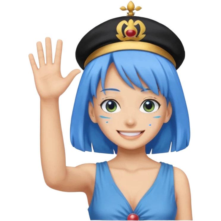 Nefertari Vivi from One Piece, waving, blue hair, apple style emoji emoji