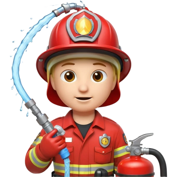A 3D Apple-style emoji character dressed as a firefighter in a bright red uniform and helmet, holding a fire hose spraying water forward, determined expression with cartoonish eyes, water splashing effect, clean minimal background emoji
