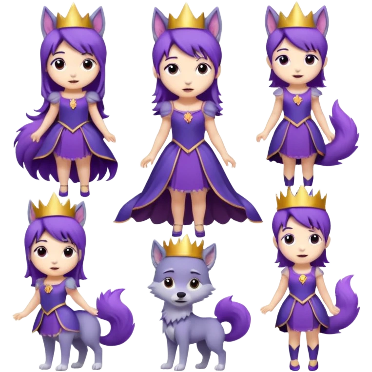 A collection of twelve chibi-style illustrations of a cute princess wearing a purple dress and crown with purple hair and purple wolf ears and purple wolf tail character. Each square shows the character doing different things against a white background And make a gap between each illusion emoji