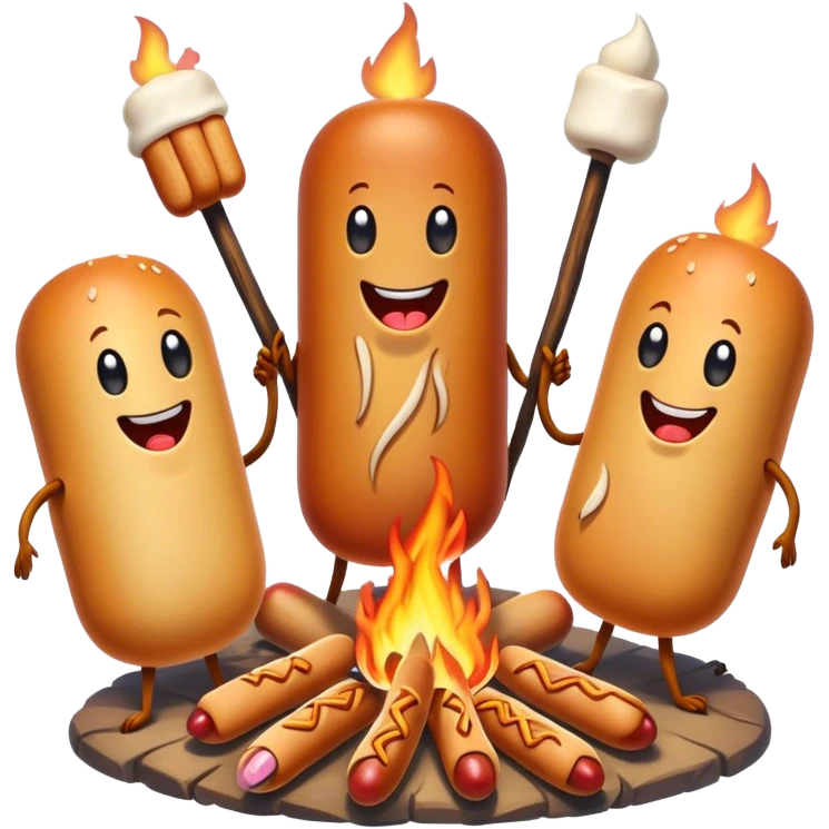 4 people sitting around a campfire but instead of people they are hotdogs emoji