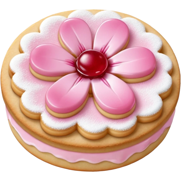 Realistic shortbread cookie in the shape of a cherry blossom with pale pink color jelly middle filling and sprinkled powder sugar on top. emoji