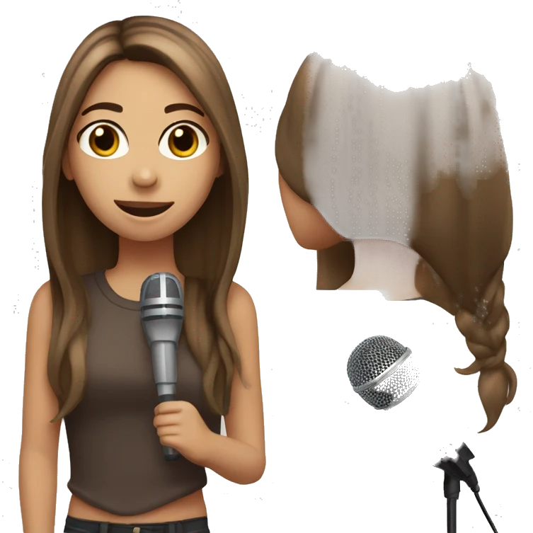 girl with straight long brown hair, brown eyes with microphone emoji