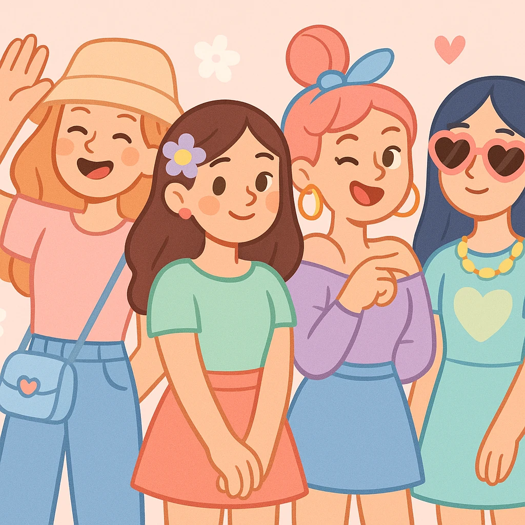 girly pop pinterest vibe, pastel colors, cute accessories, trendy, soft aesthetic emoji