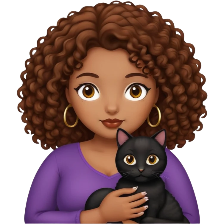 curvy girl with brown curly hair with black cat on her hand emoji