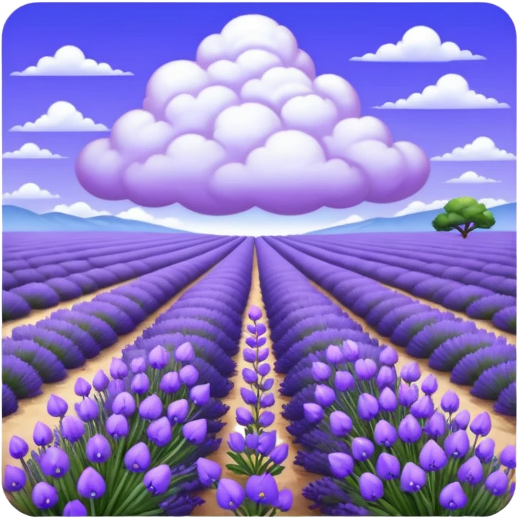 Lavender field, hyper, realistic, periwinkle clouds in sky emoji