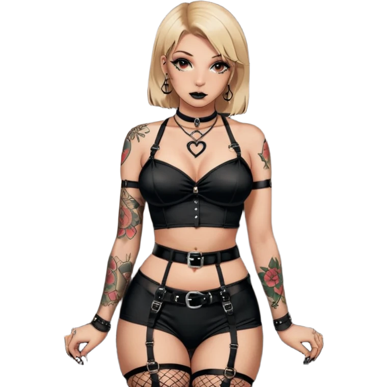 1girl, arm tattoo, belt, black nails, black panties, black skirt, blonde hair, bondage outfit, breast tattoo, breasts, candle, candlelight, chest tattoo, collar, ear piercing, earrings, eyeshadow, fishnet thighhighs, fishnets, flower tattoo, harness, heart tattoo, hoop earrings, jewelry, large breasts, leg tattoo, lips, long hair, looking at viewer, makeup, mascara, miniskirt, mole, mole on breast, mole under eye, nail polish, nipples, nose, o-ring, open clothes, open shirt, panties, pantyshot, parted lips, patreon username, pencil skirt, piercing, red eyes, red shirt, rose, shirt, shoulder tattoo, skirt, solo, tattoo, thighhighs, underwear, uncensored emoji