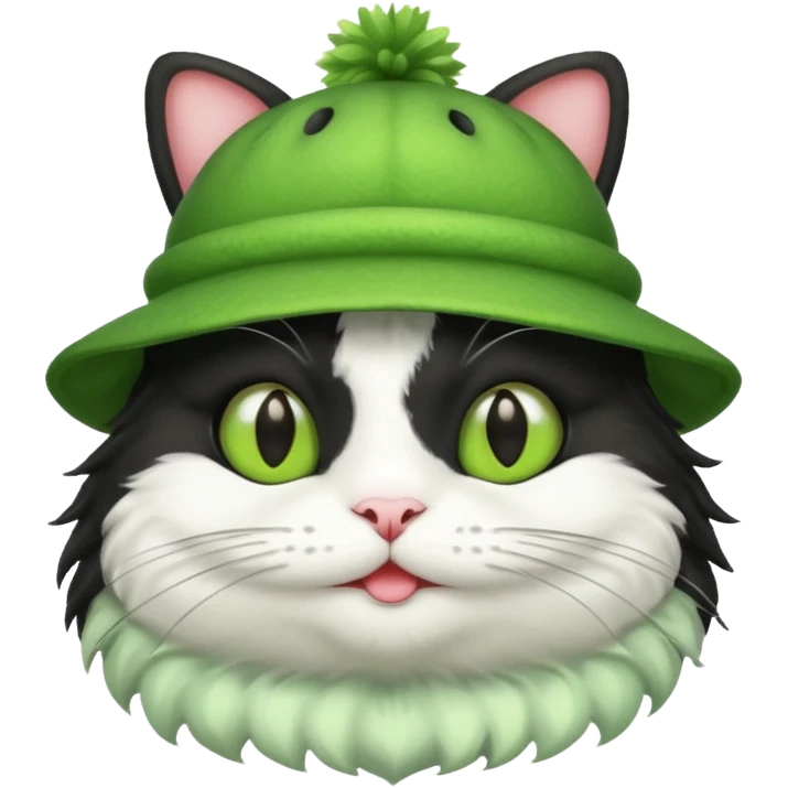 Black and white cat with a frog-shaped hat emoji