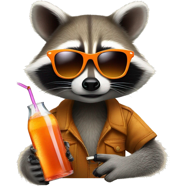 Raccoon with sunglasses, holding a vape in one hand and an aperol spritz in the other hand emoji