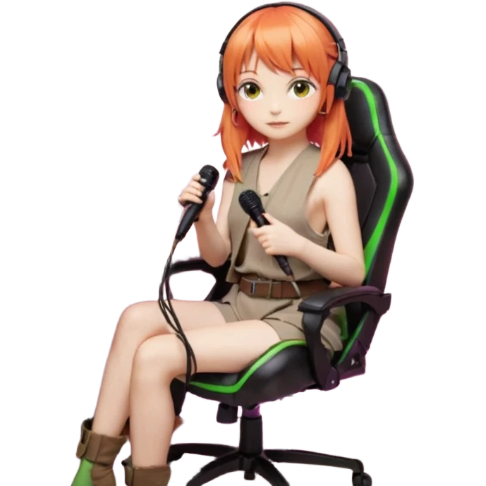 An ASMR streamer with orange hair, bangs, green eyes, and a microphone in front of her. Her room is dimly lit with pink light. She's sitting in a gaming chair with "Serappu" written on it. Behind her is a snake plant. On the shelf next to the plant are Baby Yoda and Gandalf toys. emoji