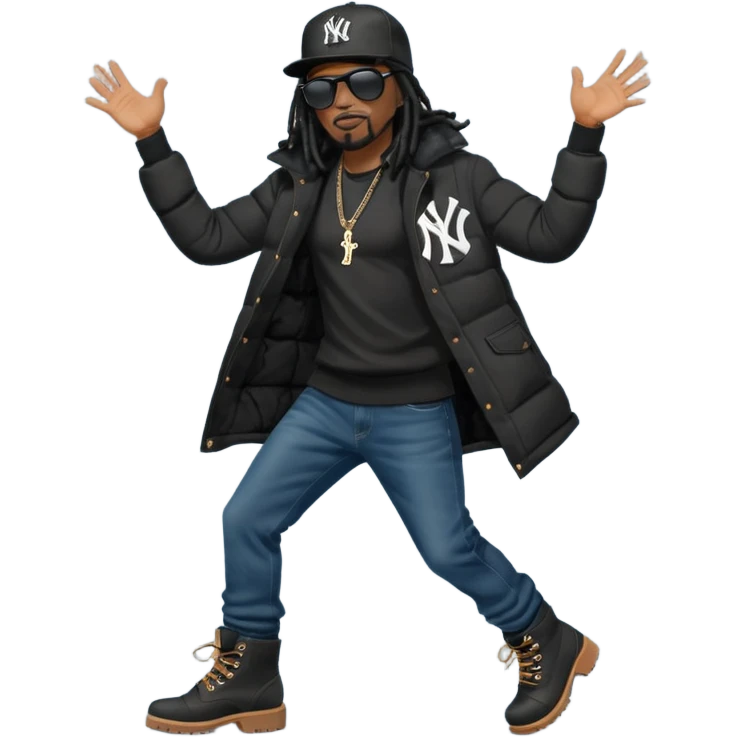 African American man with shoulder length black dreadlocks and black sunglasses wearing a black New York Yankees baseball hat wearing a black bubble winter coat with denim skinny jeans and timberland boots dancing emoji