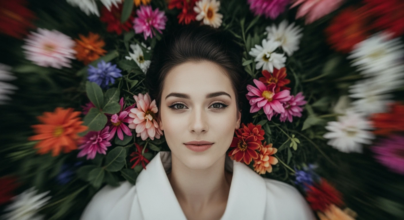 Camera drom top, Motion blur Extreme Closeup photo of a beautifull woman lay around beautifull colorfull flowers, cinematic light, Monochromatic, 8K, very detailed, sharp, depth (foreground, midground, background) emoji