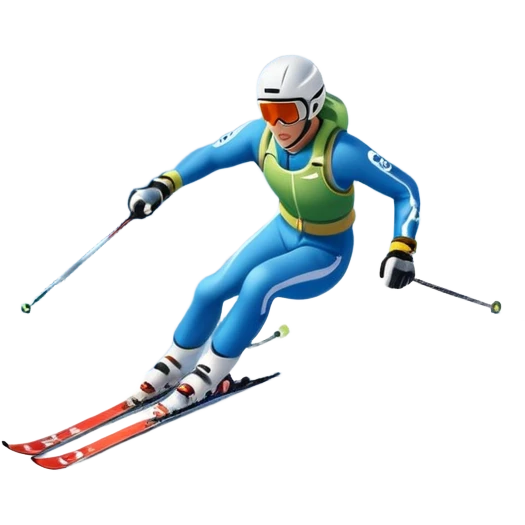 An icon featuring snowy peaks, pine trees, and a picturesque mountain landscape with a skier racing down a snow-covered slope, The sky is blue with soft clouds, capturing the thrill and beauty of alpine skiing. Transparent background highlights the excitement and serenity of winter sports. emoji