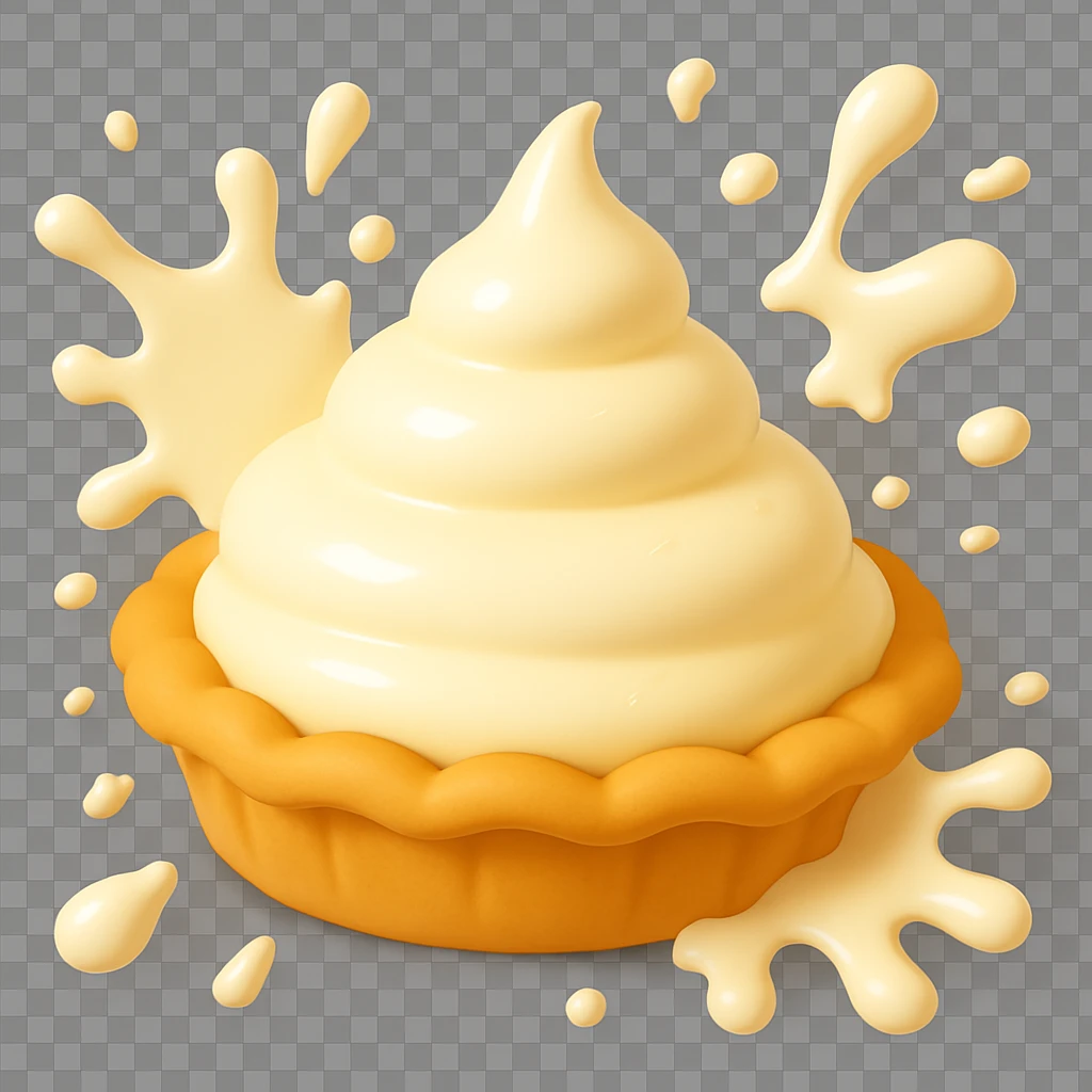 Frame 5 of 15: Intact cream pie, cream splatter growing, playful 3D emoji style, golden brown crust, same angle as reference. emoji