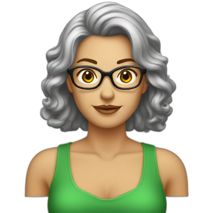 Femme 50 ans cheveux mi longs ondulés gris lunette métal yeux vert noisette emoji