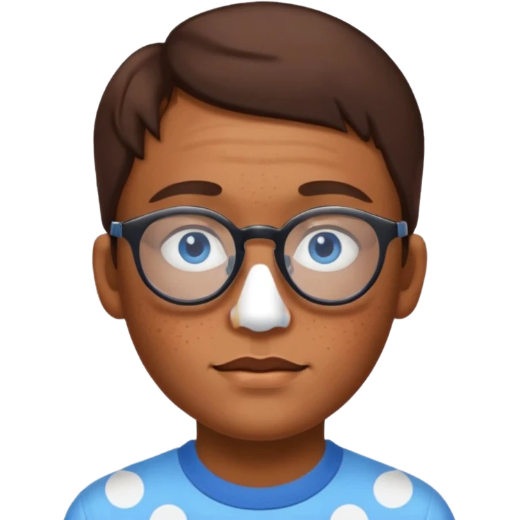 vitiligo emoji, with vitiligo spots around eyes and on the chin. brown hair, blue eyes, wearing glasses  emoji