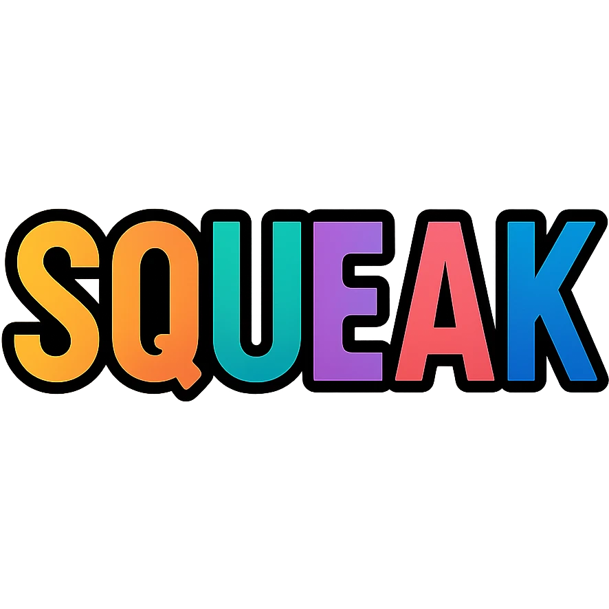 the word 'squeak' in a colorful icon style with black outlines and vibrant colors emoji