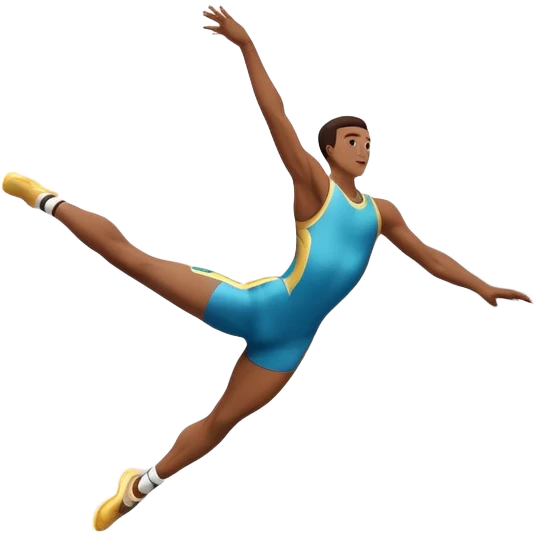 An athletic person soaring high above a trampoline, executing an acrobatic flip with perfect form. The scene captures motion and energy, with a dynamic pose, stretched limbs, and a focused expression. The background suggests a professional trampoline arena with safety padding. emoji
