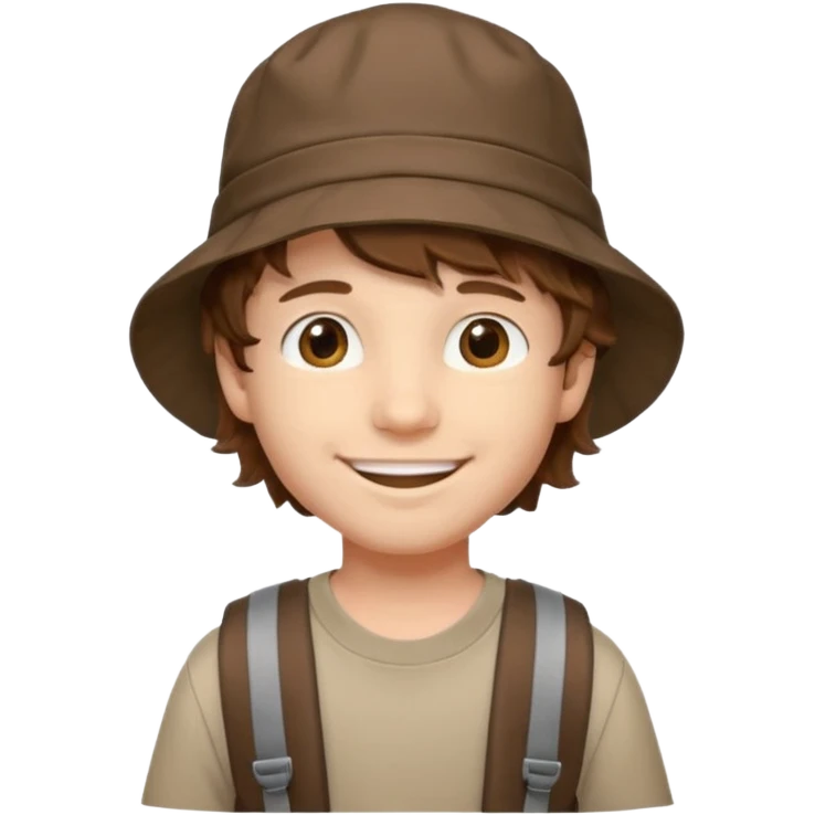 a young student boy with the backpack with bucket hat, brown wavy hair emoji