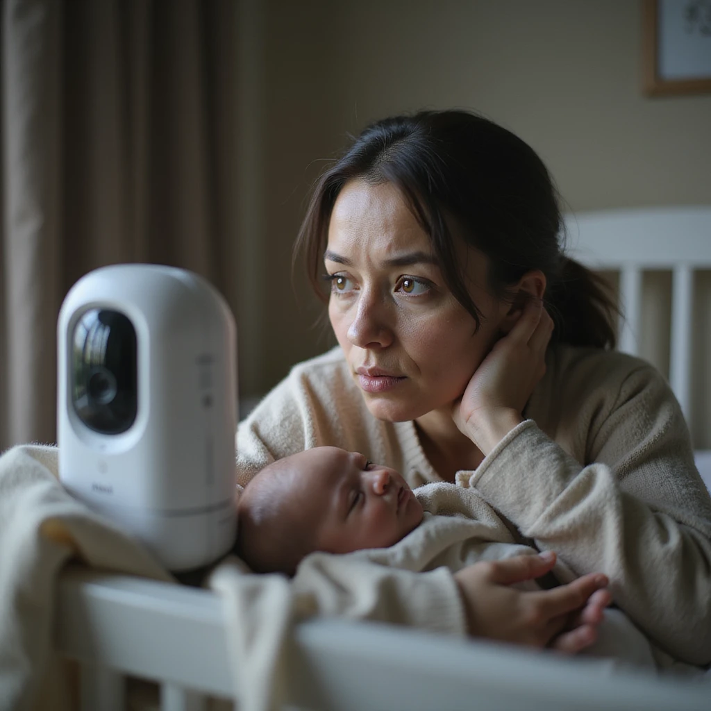 hyperrealistic 4K image of new mother peeking into crib while glancing at baby monitor, dark circles under eyes, nursery packed with safety gadgets, anxious and tired, detailed environment emoji