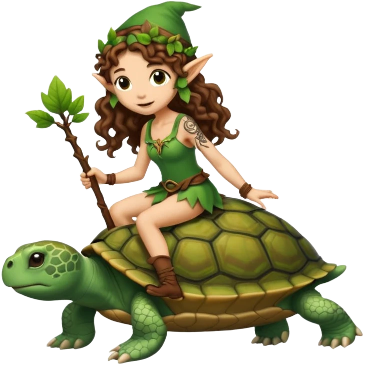 tiny forest elf long curly brown hair tattoos riding turtle emoji