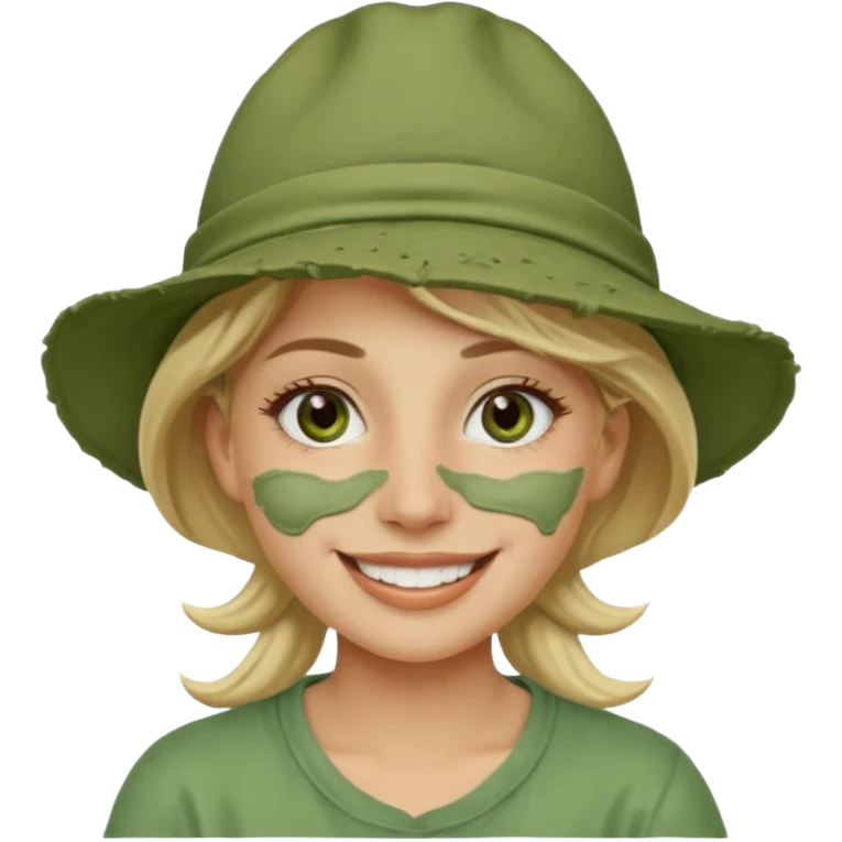 messy green clay mask and tourist hat blond braided woman big eyes smiling and clay mask on face emoji