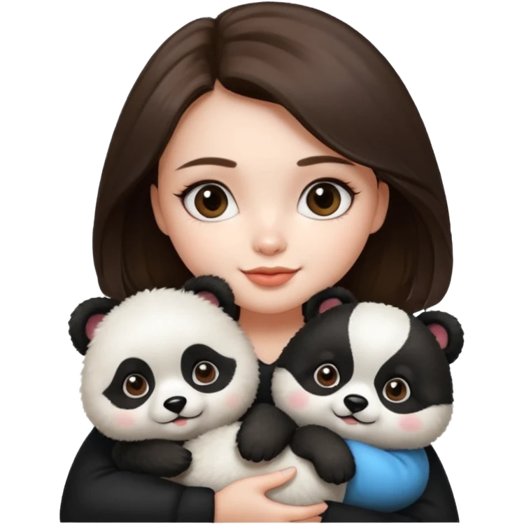 Girl with brunette hair is holding her dog thats a pomeranian and looks like a panda. emoji