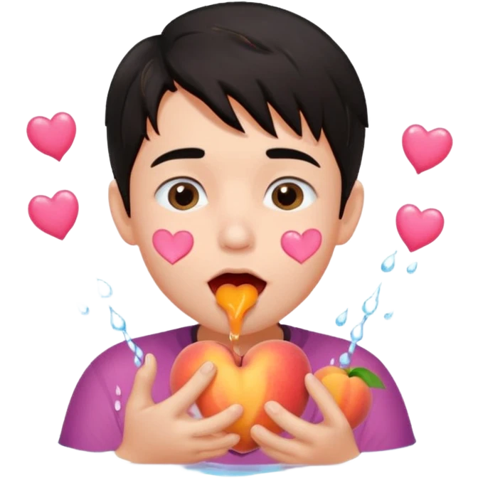 Cute boy, grown out dark hair, eating a peach, pink hearts floating , water dripping from mouth emoji