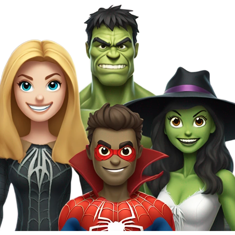 Spider-Man, the Hulk, the scarecrow from the Wizard of Oz and the witch from the Wizard of Oz together as a family emoji