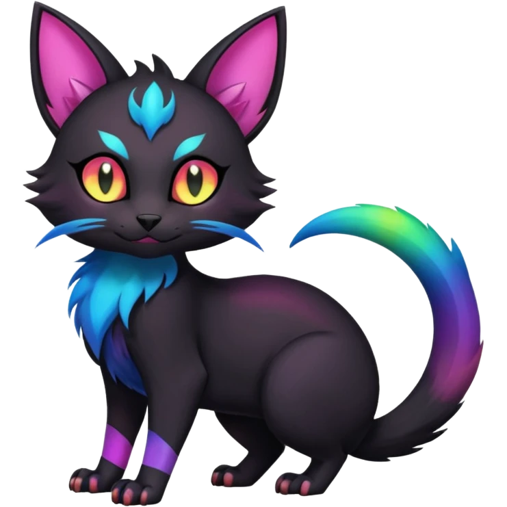 Obsidian-pitch-Black with rainbow-markings edgy Noibat-Purloin-Torracat-Lykoi-Caracal-cat-Fakemon-fusion-hybrid-creature emoji
