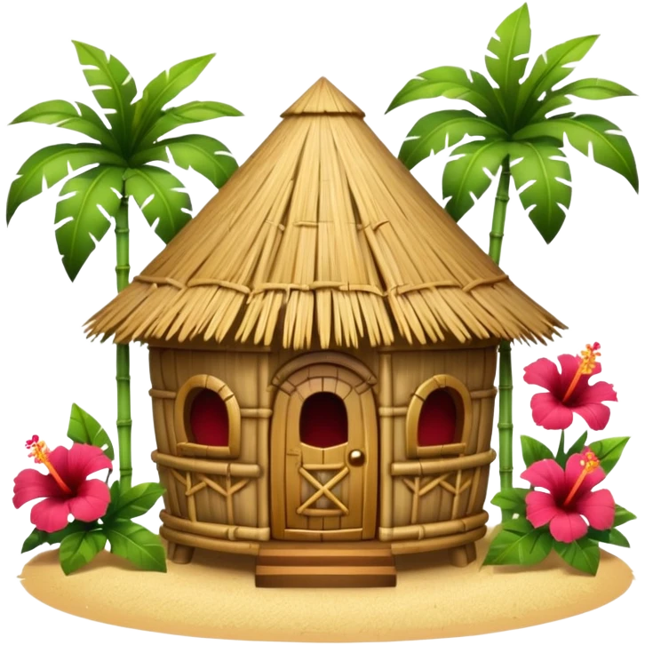 Hawaiian tiki hut house, round tropical hut, bamboo details, thatched roof, tiki masks decoration, hibiscus flowers, cute mobile game icon, 3D cartoon, clean background, no text emoji