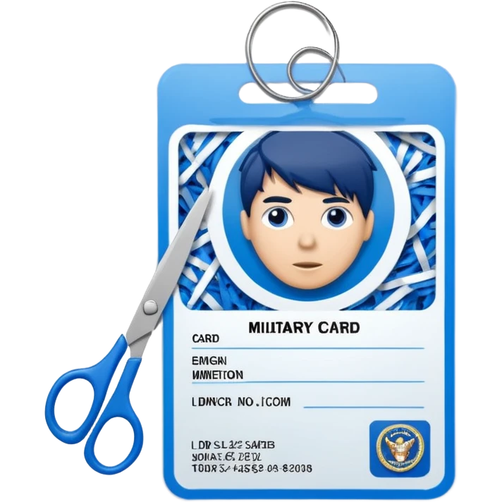 Scissors cutting military ID card in the middle front view emoji