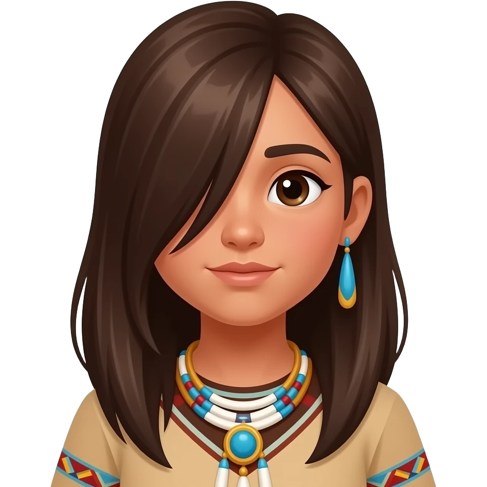 young girl half indigenous aboriginal long brown hair shy, one side of hair over face emoji