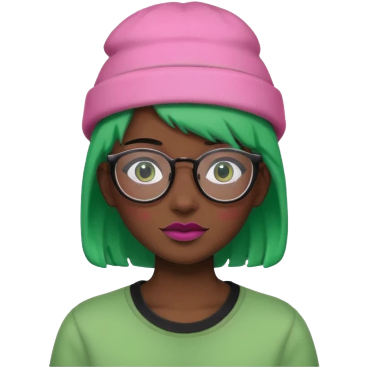 fully black dog, green haired, glassess and a pink hat emoji