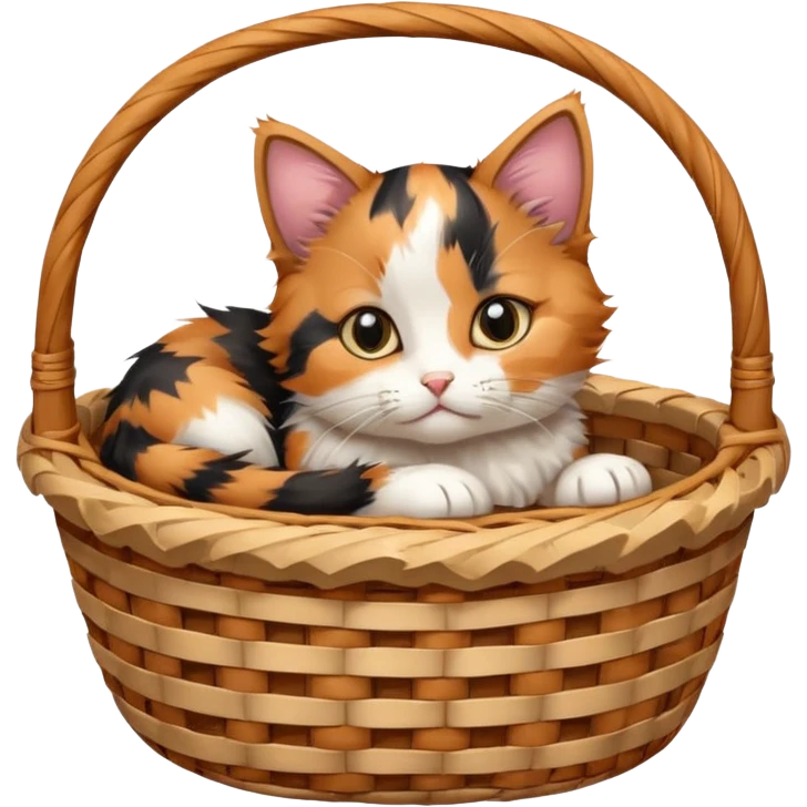 A fluffy kitten curled inside a wicker basket with sleepy eyes. emoji