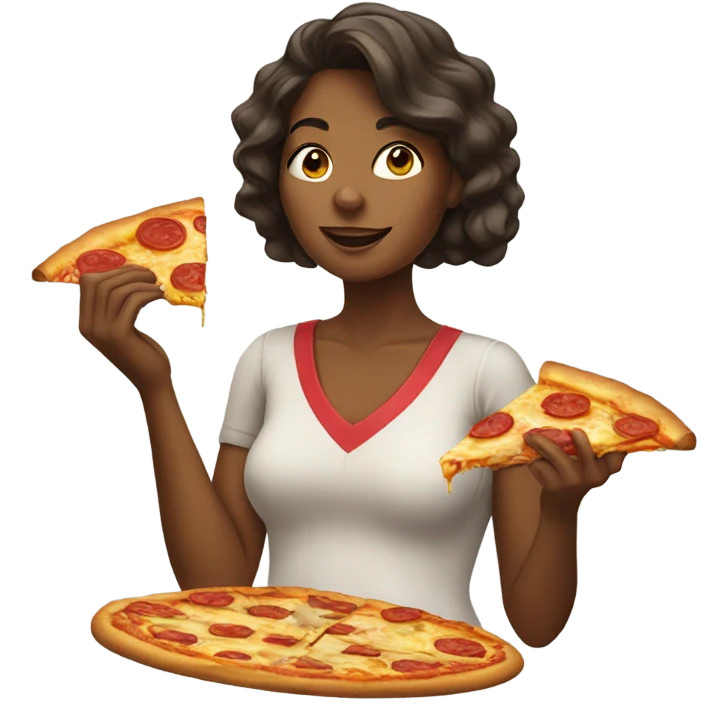 A woman with a snack and a piece of pizza inside emoji
