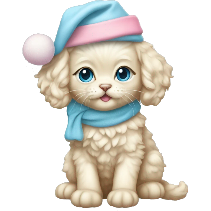 Cream cockapoo kitten whole body with pastel blue eyes, and with pink Christmas hat emoji