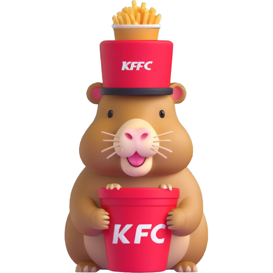 Capybara wearing a tiny KFC bucket as a hat on its head emoji
