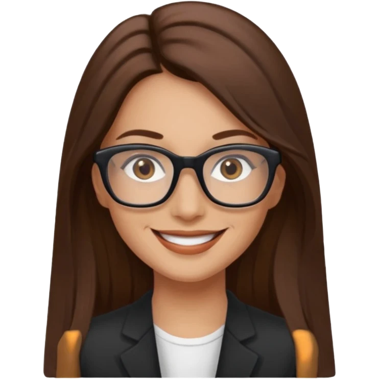 Woman 40, brown long hair, brown eyes, rectangle black glasses emoji