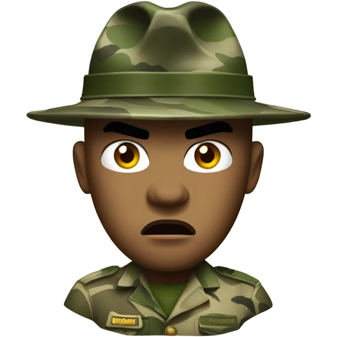 drill sergeant character wearing a classic sergeant hat and a camouflage army shirt. The character should have an angry intense expression. full torso emoji