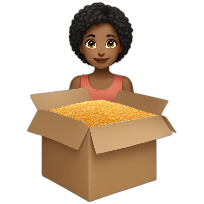 black girl, brown eyes, short black hair hugging a box of Lion cereals emoji