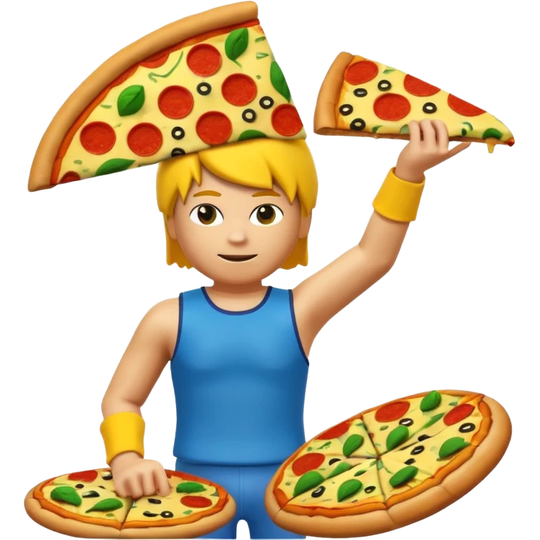 A roblox avatar yellow head arms blue troso green legs and a whole pizza on his head emoji