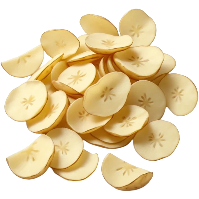 loose scatter of off-white potato flakes with irregular, lightweight shapes, slightly translucent dry texture, thin curled edges, uneven sizes, dehydrated instant format, soft lighting, subtle shadows, emoji scale emoji