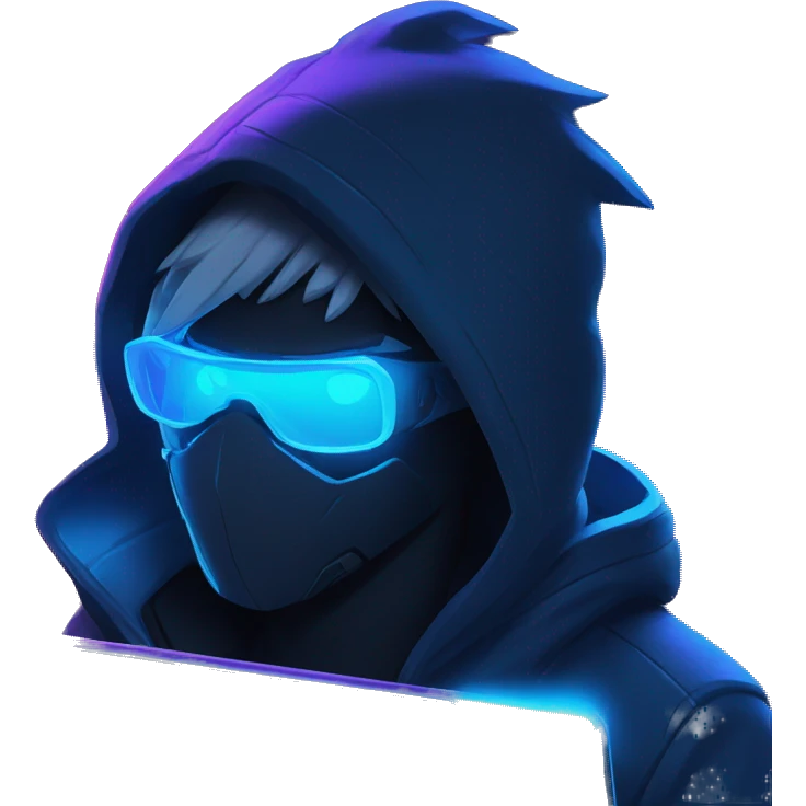 developer behind his laptop with this style : Riot Games Valorant neon glowing bright blue character blue black hooded assassin themed character emoji