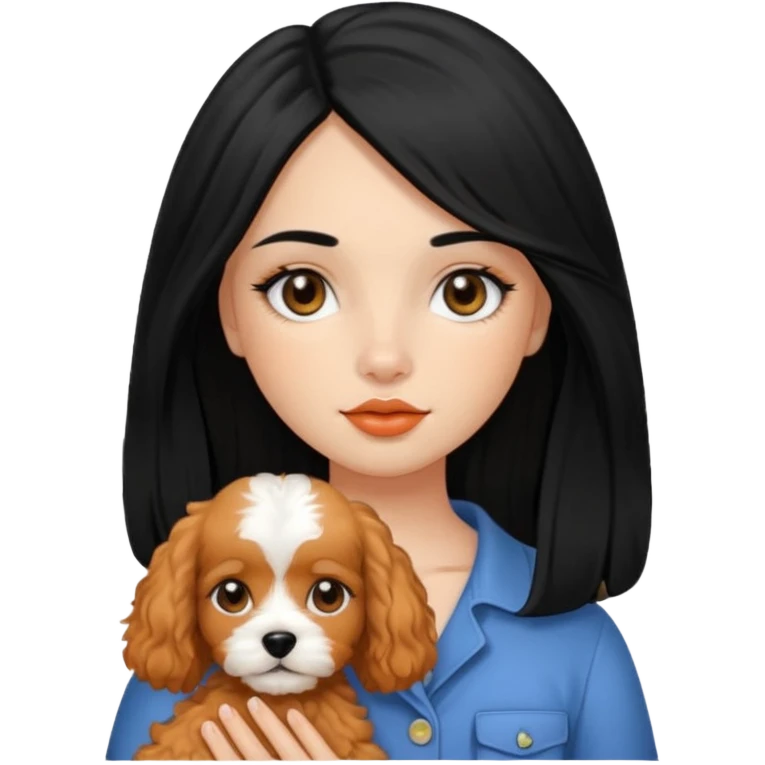 Italian girl long straight black hair black eyes button nose full lips holding apricot Cavapoo dog emoji