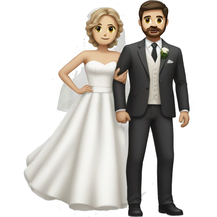 Dark haired man with dark facial hair in a suit holding a woman with light brown hair in a white wedding dress emoji