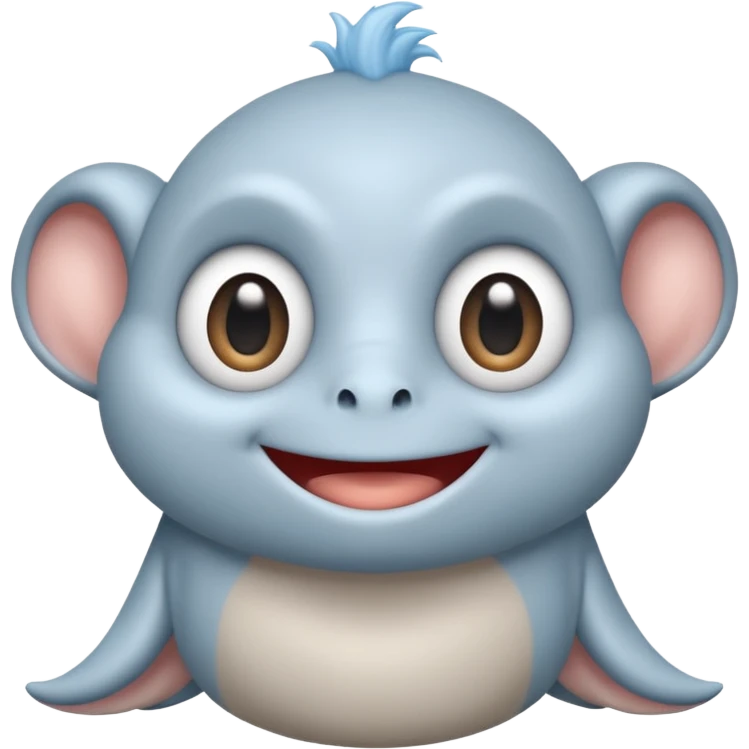 No head..it has 1 eye....stands upright ...wears clothing. is light grey and light blue..looks happy and cuddly... doesnt have a full head.... there is a appendage coming out of top of body with a single large eye emoji