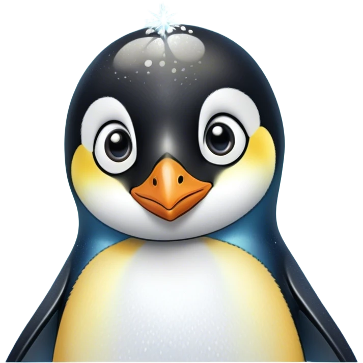 Cinematic Cute Emperor Penguin Portrait Emoji, Head tilted playfully and inquisitively, with glossy, pristine plumage accented by a bright beak and round, sparkling eyes filled with curiosity, Simplified yet irresistibly adorable features, highly detailed, glowing with a warm, friendly icy glow, high shine, affectionate and lively, stylized with a touch of whimsical charm, bright and endearing, soft glowing outline, capturing the essence of a mischievous yet loving penguin that feels like it could slide out of the screen into your arms! emoji
