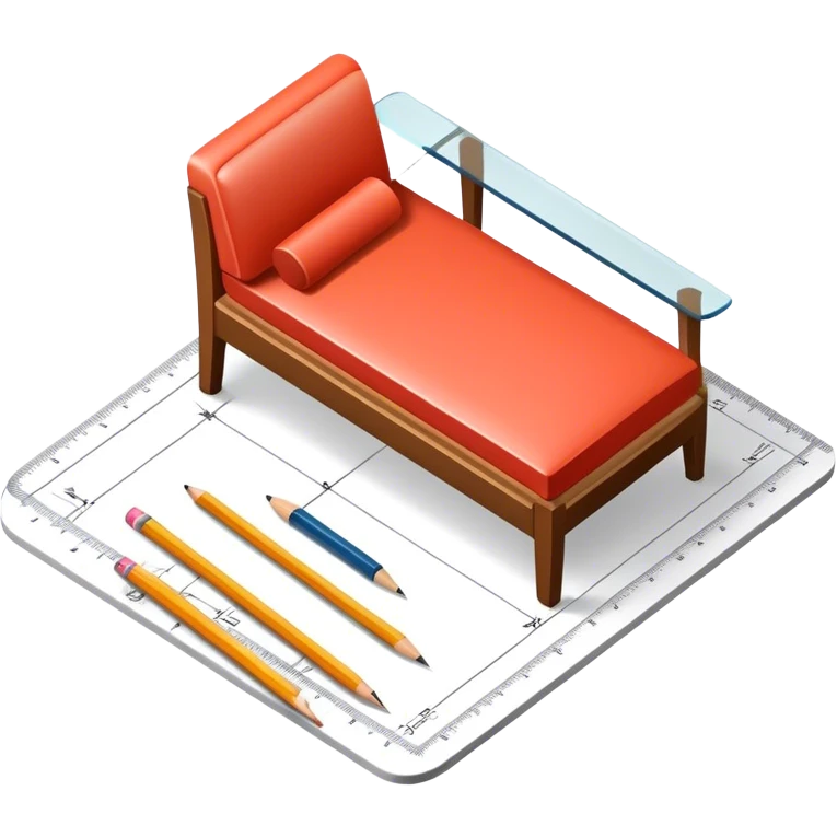 Icon for Furniture Design: a furniture drawing with 3D models of furniture pieces placed on top, accompanied by rulers and a pencil. The icon should represent the design process with focus on precision and modeling. Transparent background. emoji