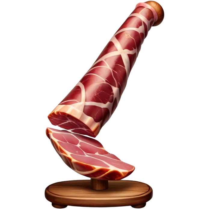 ​Cinematic Realistic Spanish Jamón Leg, depicted as a massive, cured leg of Jamón serrano with a deep reddish-brown hue, intricately marbled and slightly glossy with age, elegantly displayed on a rustic wooden stand and bathed in warm, soft lighting that accentuates its artisanal heritage, emoji